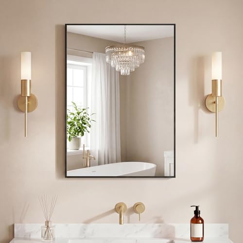 Image of NEWBULIG 22 inchx30 inch Wall Mirror, Bathroom Mirrors for Over Sink, Black|Matte Metal Framed Vanity Mirror with Tempered Glass, Entryway, Living Room, Bathroom