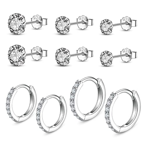 Yorgewd 5 Paires Boucles en Argent Sterling 925 Ensemble pour Femme 8.5mm/10.5mm, 925 Zircon Cubique Clous D'oreilles Hypoallergénique Boucles(3 mm/4 mm/5 mm)