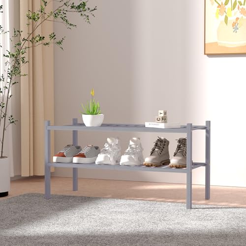 2 Tier Bamboo Shoe Rack for Closet Free Standing Wood Shoe Shelf for Entryway Small Space Stackable 27"x11"x13" (Grey)