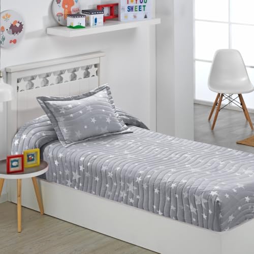 DHESTIA HOME   Colcha Bouti Ajustable Cama Nido Infantil y Juvenil de Verano Estrellas Gris Color Único Talla Cama 90