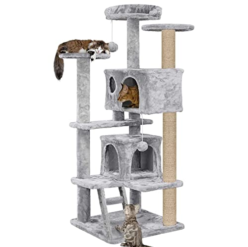 Image of Mellifluous Fur Fabric Activity Kitten Cat Tree - Ladder | Multiple Seats | Condos | Furry Balls | Jute Rope Scratching Posts (Grey) (Height 62 Inch)