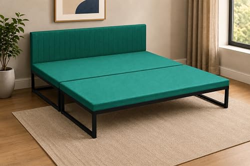 Image of Metal Sofa Cum Bed for Living Room | Modern Industrial Design Metal Frame 3 Seater Sofa Bed for Home, Office & Lounge-Green