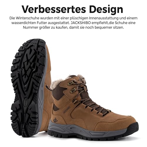 JACKSHIBO Winterschuhe Herren Winterstiefel damen mit Warm Gefüttert Wasserdicht Schneeschuhe Rutschfest Wanderschuhe Trekkingschuhe Winter Outdoor Schneestiefel Winterboot Braun 43-EU