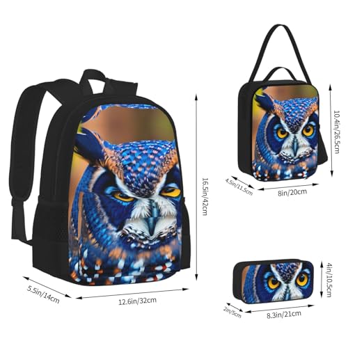 nanger Blue Owl Print 3-Piece Set Backpack, Lunch Bag And Pencil Case, For Travel, College, And Daily Use4