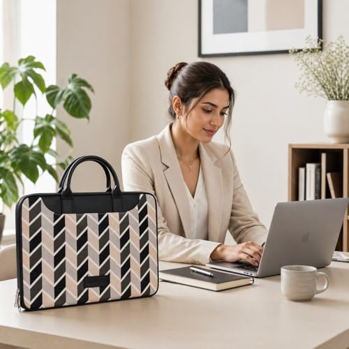 Image of Tabelito Designer Printed Laptop Sleeve for Women (13-15.6 Inch) | Jute & Vegan Leather Office Handbag | Lightweight Stylish Work Bag with Handle
