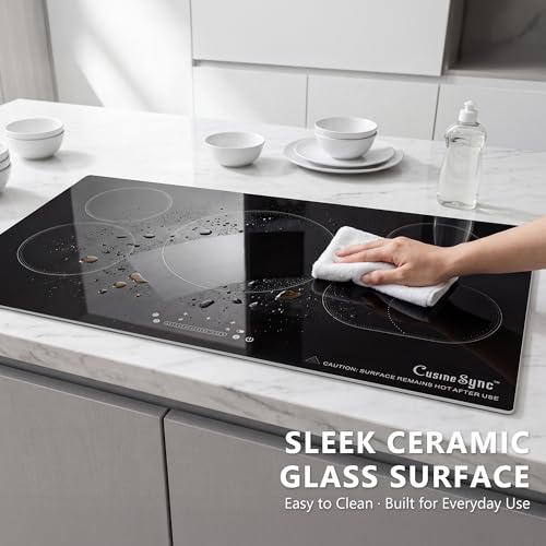 Image of 36 Inch Electric Cooktop, 5 Burner Built-In Ceramic Glass Stove Top, 9200W | 36-inch built-in radiant cooktop with 5 zones, 9200W, ceramic glass, touch control, and 220-240V wiring.