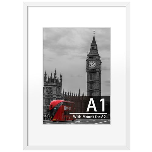Tinkeps A1 White Picture Frame Engineered Wood and Plexiglass A1 Frame with A2 Mount for A2 Prints Photos and Posters Wall Mountable (59.4×84.1cm) Poster Frame