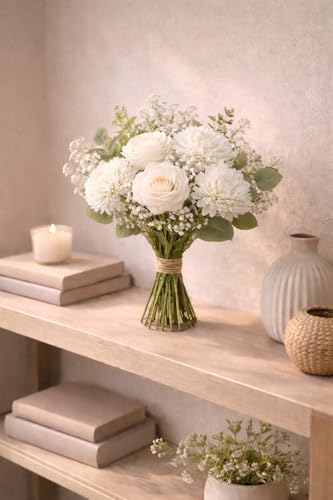 Image of Divyakosh Artificial White Flower Bouquet with Roses & Chrysanthemums, Pooja Room Decoration Items & Craft Interior Props (Vase Not Included)