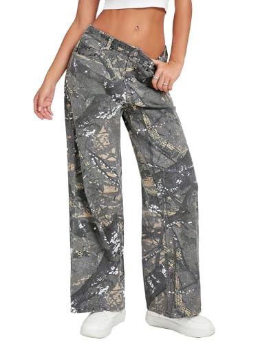 Baggy Camo Pants Women Mid Rise Wide Leg Camouflage Jeans Elastic Waist Army Fatigue Denim Sweatpants