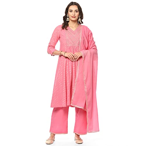 Image of BIBA Women Cotton Gathered Printed Suit Set