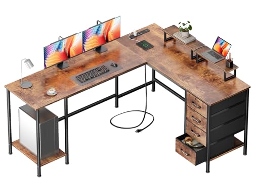 Korfile 66" L Shaped Computer Desk with Power Outlets, Home Office Desk with 4 Adjustable Storage Drawers & 2 Monitor Stands, Large Two Person Gaming Table for Writing Study, Rustic Brown