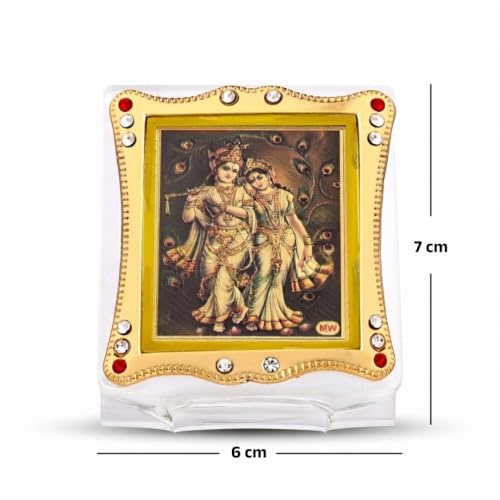 Image of Golden Foil (Plated) Radha Krishna Idol for Car Dashboard Religious Frame for Pooja, Prayer and Gift