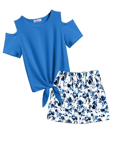 Image of Arshiner Girls Short Sets 2 Pieces Outfits Short Sleeve Tie Knot T-Shirts and Casual Shorts With Pockets Cute Clothes Sets