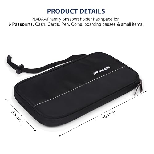Image of NABAAT Passport Cover Men & Women, Passport Holder for Family Up to 6 Passports, Passport Wallet Pouch Travel Organizer for Documents SIM Cash Card Mobile with Wrist Strap, Black (PH1)