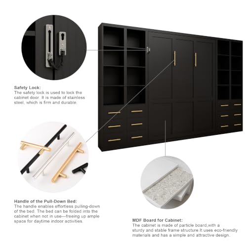 Image of KEIKI Queen Size Vertical Cabinet Murphy Bed with 4 Side Cabinet, Black | Multifunctional Foldable Hideaway Wall Metal Bed Frame, No Box Spring Needed, Easy Assembly, for Bedroom, Guest room