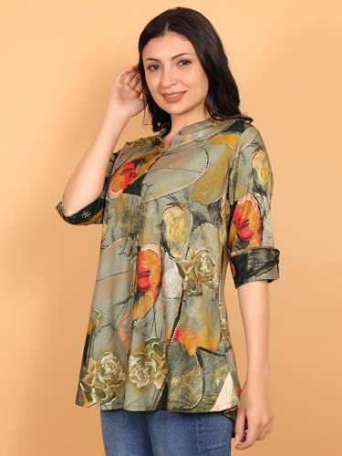 Image of FIMS - Fashion is my style Rayon Abstract Printed Short Kurti for Women, Tunics Tops, Ethnic Wear for Office, Flared, Mandarin Collar V Neck, Roll-Up Sleeves, Summer Wear, Ideal Gift for Girls