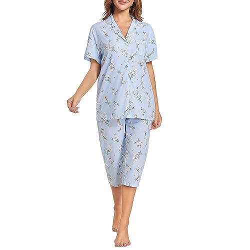 Image of Tugege Capri Pajamas Set Womens Button Down Short Sleeve Lounge Sets Sleepwear Notch Collar Top & Capri 2 Piece PJ Sets
