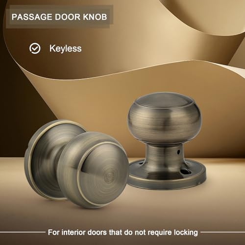 Probrico 6 Pack Door Knobs Interior Antique Brass, Closet Door Knobs No Lock, Keyless Passage Door Handles