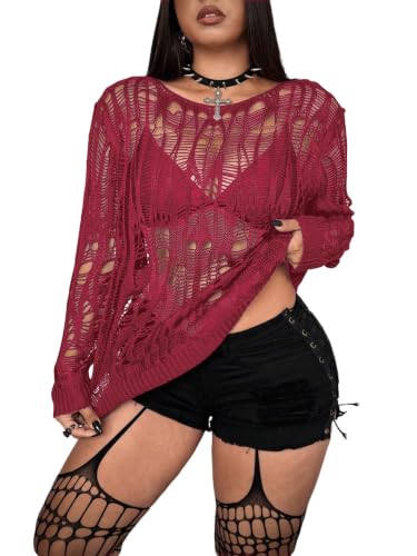 Image of RoseSeek Women's Plus Size Y2K Cut Out Long Sleeve Punk Grunge Knit Sweater