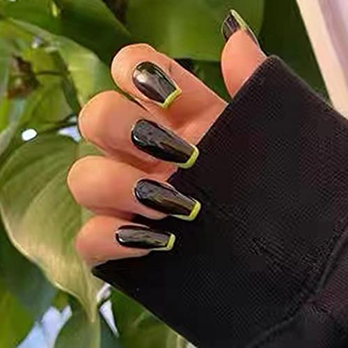 Feilisa Coffin Press on Nails-Short Fake Nails Acrylic Black False Nails French Stick on Green Nails Tips for Women -24 pcs (Black) - Thumbnail 2