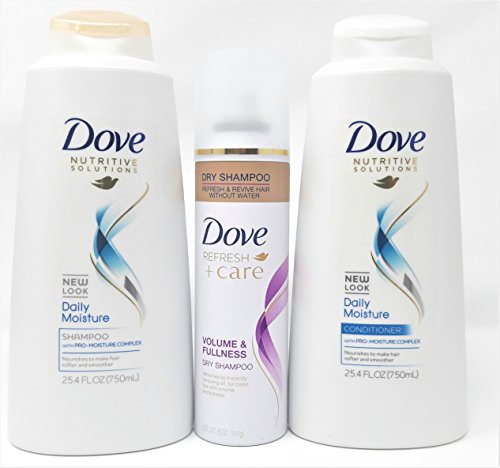Dove Daily Moisture Shampoo and Conditioner 25.4 Once Combo Set PLUSDove Refresh + Care Dry Shampoo, Volume & Fullness 5 oz (25.4 ONCE PLUS DRY SHAMPOO)