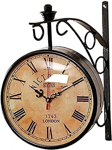SIAN Vintage Antique Retro Double Sided Analog Mechanical Station Railway Wall Clock Kitchen (Black, 10 Inch) - Image 3