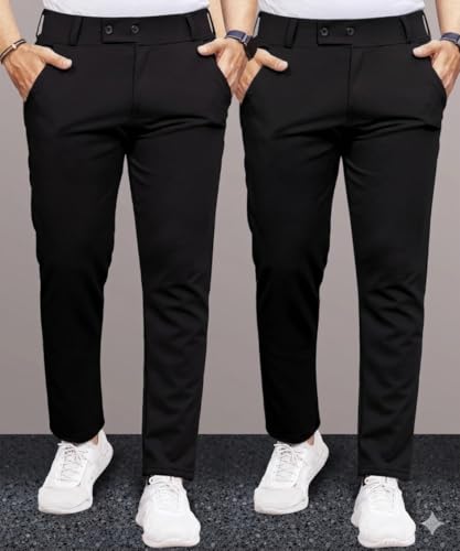 Image of Men's Slim Fit Lycra Formal Trousers Combo | Stretchable Smart Casual Pants for Office Wear | Mid-Rise Flat Front Stylish Chinos