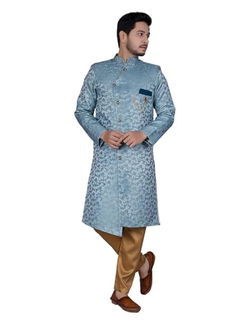 Men's Sky Jacquard Casual Regular Full Sleeve Indo Western with Pajama Set - Traditional and Trendy