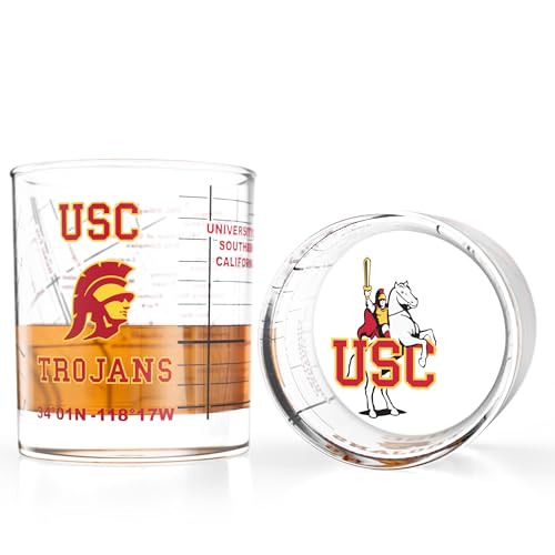 Image of Greenline Goods University of Southern California Trojans Whiskey Glasses Set of 2, 10 oz Rocks Glasses with Full-Color Logo & Campus Map - Officially Licensed Bourbon Glass Gift for Alumni & Fans