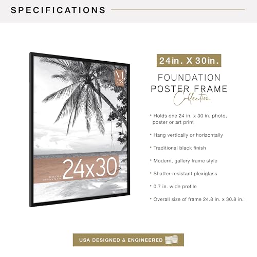 Image of MCS Foundation 24x30 Poster Frame Traditional Black, Vertical & Horizontal Wall Hanging Large Picture Frame for Photos, Posters & Art Prints (1-Pack)