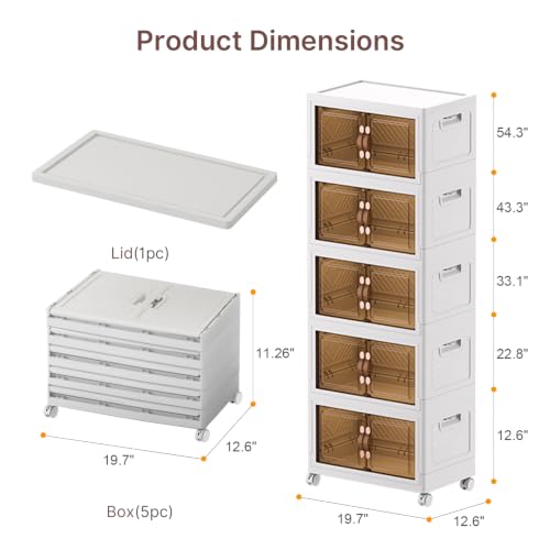 Image of UAMFURI Stackable Storage Bins with Lids, 240QT Lockable Storage Cabinet | Closet Organizers, Foldable Storage Box with Doors and Wheels, Plastic Drawers for Home, Garage, Office (5, White, Medium)