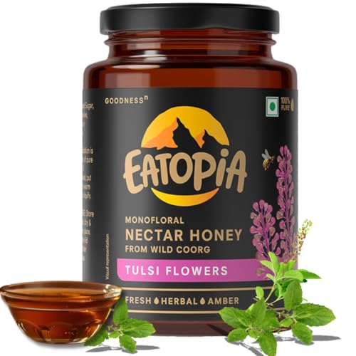 Eatopia Tulsi Honey | Natural Ayurvedic Immunity Booster | Helps in Curing Cough & Cold | No Added Sugar | 100% Natural & Pure Honey | Nectar Honey from Wild Coorg (Monofloral) | 500gm