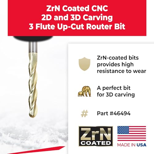 Image of Amana Tool Up Cut Spiral CNC Router Bits for 2D /3D Carving, ZrN Coated, 46494, 0.10 Deg Angle Ball Tip 3 /8 D x 3 /16 R x 2-1 /4 x 3 /8 Shk x 3 Fl