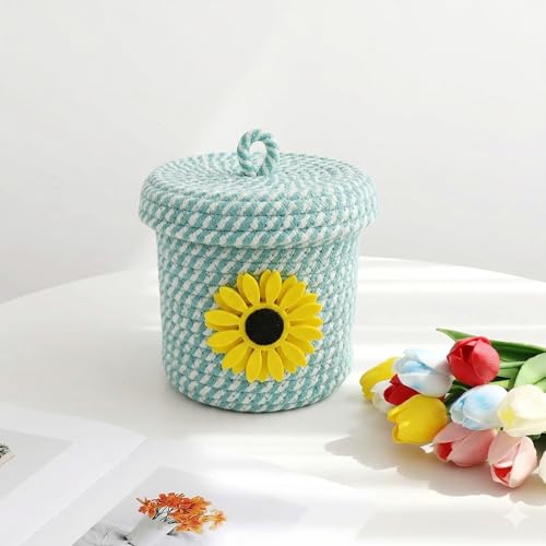 Image of Jute Basket For Storage Cotton Rope Toys Basket With Lid Handwoven Natural Foldable Laundry Hamper for Home, Office, Living Room Size 5x5 inch (yellow flower)