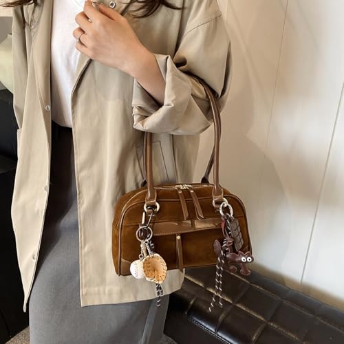 Suede Bag for Women 2025 Vintage Bowler Bag Y2k Shoulder Bag Brown Suede Fall Purse2