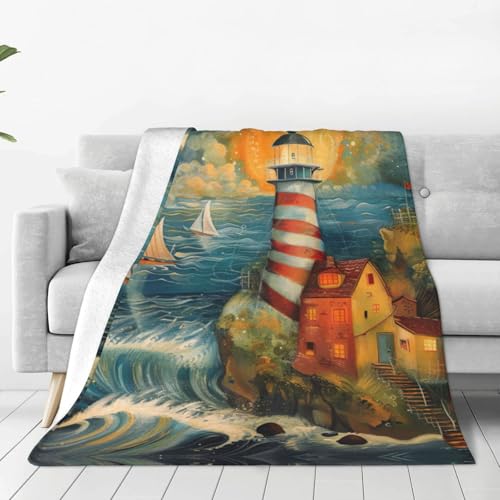 ERSDWRE The Seaside Lighthouse - Manta gruesa con estampado de faro, cálida y acogedora, manta de franela suave para cama, sofá, camping, viajes
