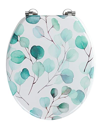 WENKO WC-Sitz Pioppo, Toilettensitz aus MDF, FSC zertifiziert, mit schwerer rostfreier Edelstahl-Befestigung und Deckel mit ansprechendem Blätter-Motiv in Grün-Tönen, (B x T): 35,5 x 42,5 cm
