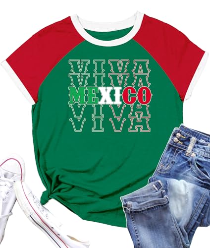 QAUN Mexico Shirts for Women: Mexican Graphic Tees Mexican Tops Casual Vacation Short Sleeve T Shirts(Green1, Medium)