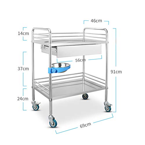 Chariot médical en acier inoxydable avec tiroir profond et roues de freinage à 360°, organiseur de matériel durable et antirouille pour hôpital, clinique, laboratoire