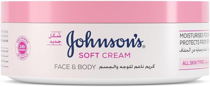 Johnson's 24 Hour Moisture Body Cream, a gentle and hydrating soft formula designed to reduce skin tightness, flakiness, and dullness, providing long-lasting comfort, 200ml. Package design may vary