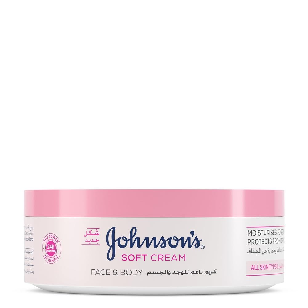 Johnson's 24 Hour Moisture Body Cream, a gentle and hydrating soft formula designed to reduce skin tightness, flakiness, and dullness, providing long-lasting comfort, 200ml. Package design may vary
