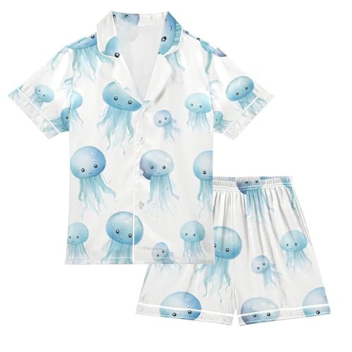 senya Sea Jellyfish Satin Summer Pajama Sets Silk Short Sleeve Button Down Sleepwear