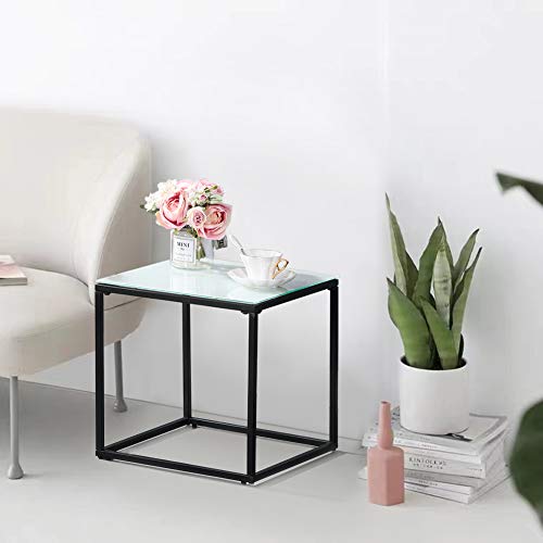 GOLDFAN Table Basse en Verre Table de Salon Carrée Moderne Table d'appoint Blanc pour Salon Chambre Bureau 40×40×40 cm