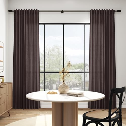 Image of Nanspring Cocoa Coffee Linen Blend Light Filtering Back Tab Curtains 96 Inches Long, Semi Sheer Privacy Drapes for Living Room & Bedroom, 52x96 inch, 2 Panels