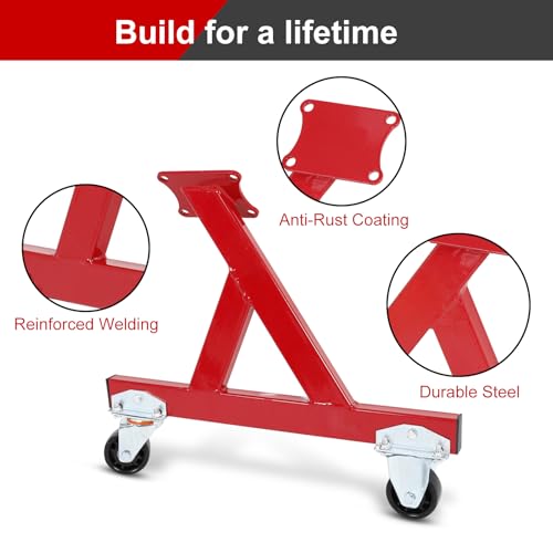 Image of Metal Engine Stand for LS Series V8 Engines - Heavy Duty Steel Cradle (2 PCS), Rolling Storage Stand with Swivel Casters, Engine & Transmission Storage Support, Red
