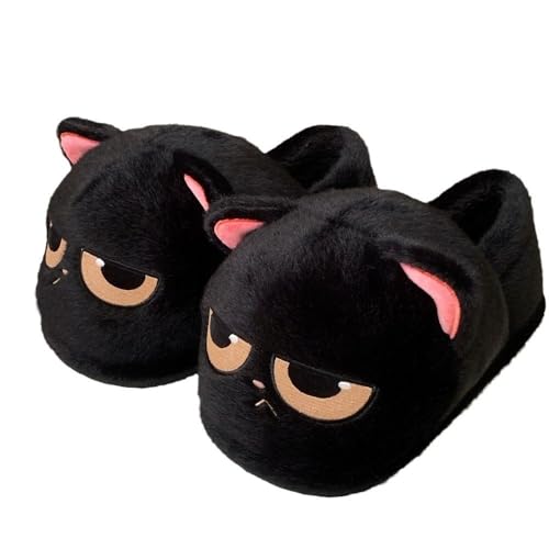Premium Comfort Thermal Black Kitty Cat Non Slip Women's Fuzzy House Slippers Indoor Soft Warm Cute Kawaii Home Shoes