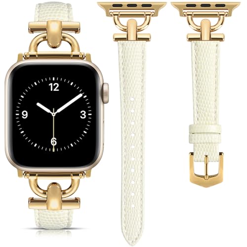 Image of Leather Band Compatible with Apple Watch Bands for Women, Dressy Fancy Strap for iWatch Series 11 /10 /9 /8 /7 /6 /5 /4 /3 /2 /1 /se /Ultra /Ultra 2(49mm 46mm 45mm 44mm 42mm,Milky White /Gold)