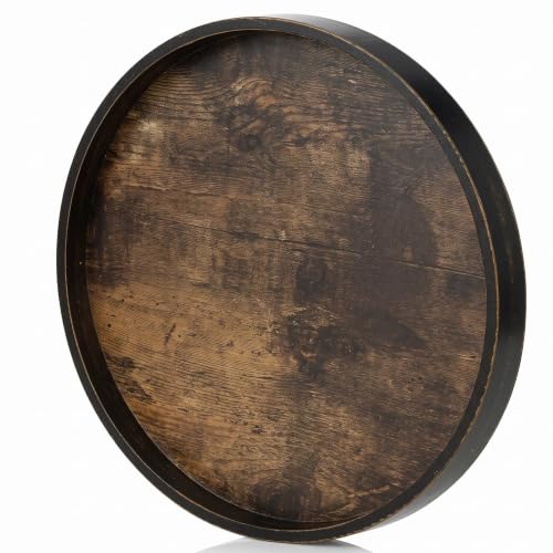 Hanobe Round Decorative Tray for Coffee Table Decor, Vintage Brown Finish