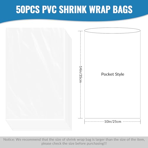 Image of Yeumk Shrink Wrap Bags 50PCS 10x14 Inches Clear PVC Heat Seal Bags Heat Shrink Wrap Bags for Soap, Bath Bomb, Book, Shoes, Jars, Film DVD /CD, Candles, Homemade DIY Projects, Christmas Gift, Halloween