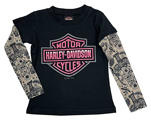 Harley-Davidson Little Girls' Glitter B&S Mesh Tattoo Long Sleeve Tee - Black